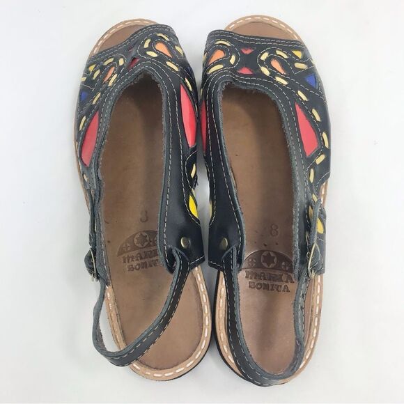Maria Bonita Black Leather Colorful Stitch Inlay Slingback Open Toe Flat Sandals - Picture 9 of 16